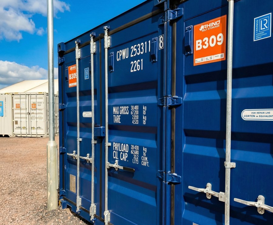 Blue storage container detail at Gillingham Storage.