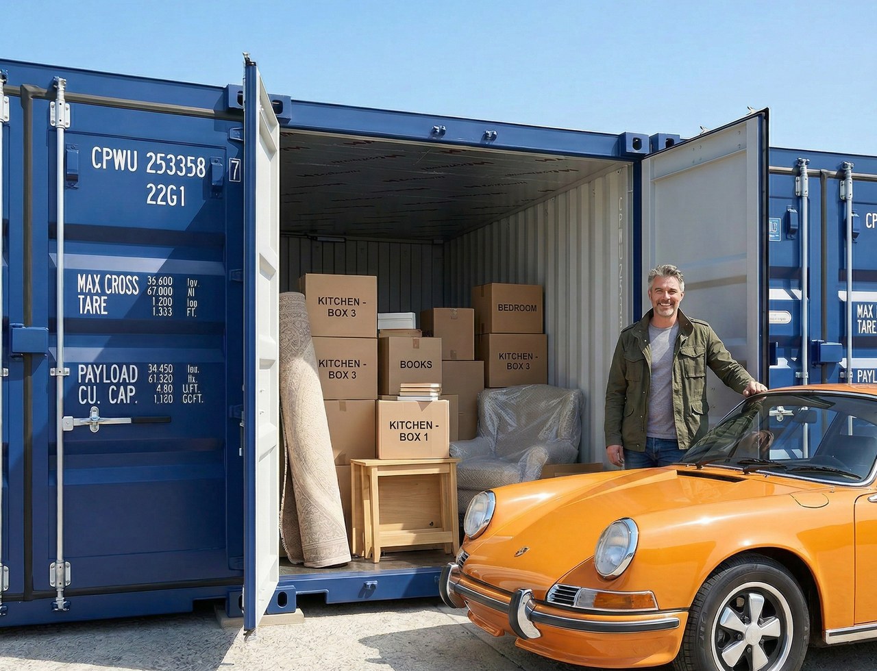 Open storage container with belongings and a customer beside it.
