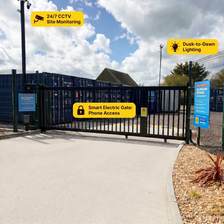 The electric gate at Gillingham Storage: 24/7 CCTV site monitoring, dusk-to-dawn lighting and smart electric gate with phone access