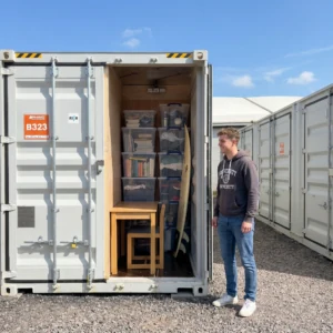 A student storing books, boxes and a surfboard in a 20 sq ft unit at Gillingham Storage, Dorset