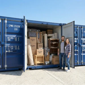A young couple with furniture and boxes loaded into a 160 sq ft unit at Gillingham Storage, Dorset